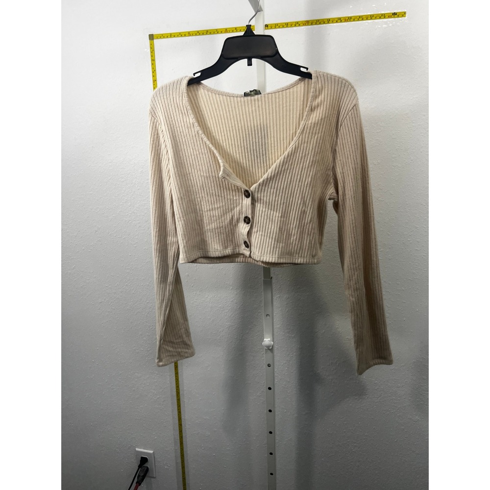 Wild Fable Cropped Cardigan Top Beige Ribbed Knit VNeck Long Sleeve Button Front